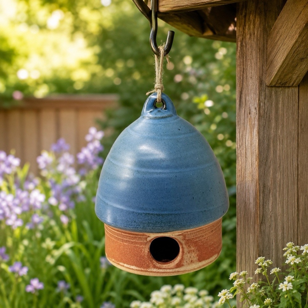 Studio Pottery Birdhouse Handmade Stoneware Blue Hanging, New W/O Box Vented